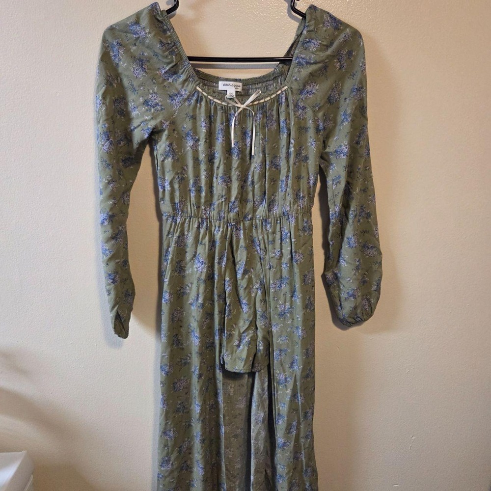 Stitch & Pine Girls Floral Maxi Romper Dress Olive Green Size L 14 Long Sleeve - Picture 2 of 8